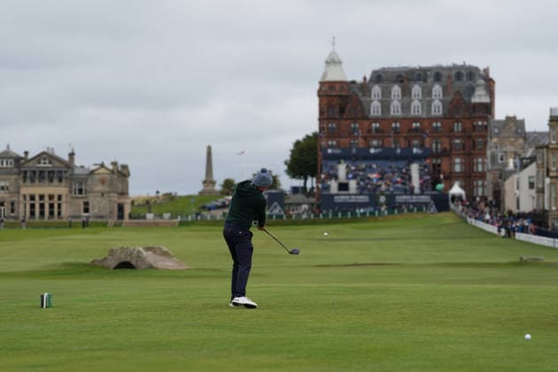 RECORD DATE NOT STATED 4th October 2026; Old Course at St Andrews, Mount Melville, Scotland; DP World Tour Golf, Alfred Dunhill Links Championship, Final Day; AP McCoy, former professional jockey plays his tee shot on the 18th hole AlecxBrown