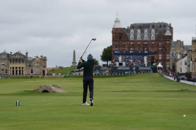RECORD DATE NOT STATED 4th October 2026; Old Course at St Andrews, Mount Melville, Scotland; DP World Tour Golf, Alfred Dunhill Links Championship, Final Day; AP McCoy, former professional jockey plays his tee shot on the 18th hole AlecxBrown