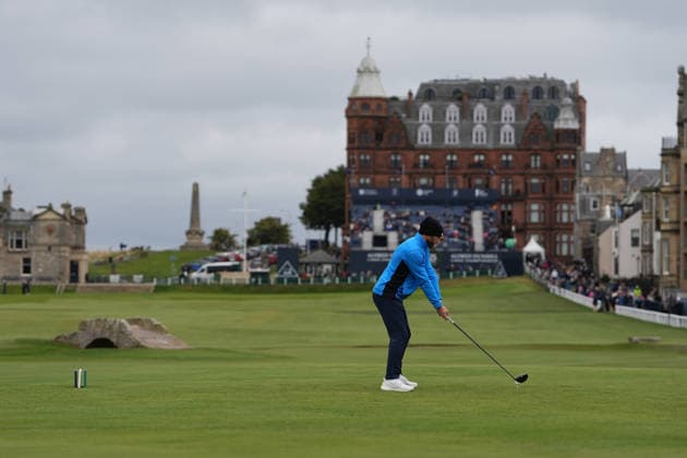 RECORD DATE NOT STATED 4th October 2026; Old Course at St Andrews, Mount Melville, Scotland; DP World Tour Golf, Alfred Dunhill Links Championship, Final Day; James Milner, former professional football player plays his tee shot on the 18th hole AlecxBrown