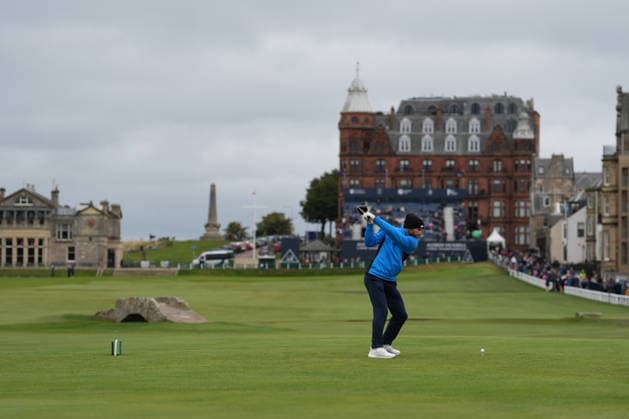 RECORD DATE NOT STATED 4th October 2026; Old Course at St Andrews, Mount Melville, Scotland; DP World Tour Golf, Alfred Dunhill Links Championship, Final Day; James Milner, former professional football player plays his tee shot on the 18th hole AlecxBrown