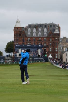 RECORD DATE NOT STATED 4th October 2026; Old Course at St Andrews, Mount Melville, Scotland; DP World Tour Golf, Alfred Dunhill Links Championship, Final Day; James Milner, former professional football player plays his tee shot on the 18th hole AlecxBrown