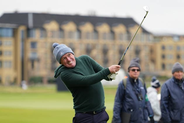 RECORD DATE NOT STATED 4th October 2026; Old Course at St Andrews, Mount Melville, Scotland; DP World Tour Golf, Alfred Dunhill Links Championship, Final Day; AP McCoy, former professional jockey plays his approach shot into the green on the 18th hole AlecxBrown