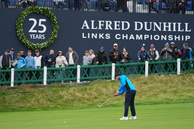 RECORD DATE NOT STATED 4th October 2026; Old Course at St Andrews, Mount Melville, Scotland; DP World Tour Golf, Alfred Dunhill Links Championship, Final Day; James Milner, former professional football player putts on the 18th green AlecxBrown