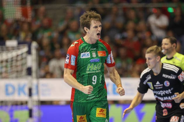 October 4, 2026, xtgx, Opel HBL Handball, SC Magdeburg vs. HC Erlangen emspor, from left: Oskar Vind Rasmussen (Magdeburg), 9, celebration, goal celebration, celebrating the goal, Magdeburg celebration