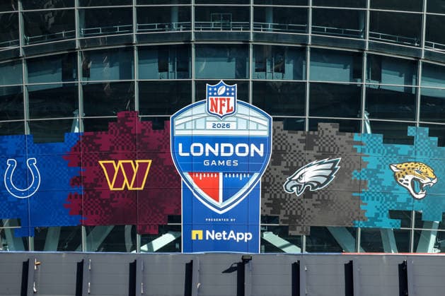 4th October 2026; Tottenham Hotspur Stadium, London, England; NFL, American Football Herren, USA International Series American Football, Washington Commanders versus Indianapolis Colts; A detail view of the NFL shield outside the Tottenham Hotspur Stadium HenningxVonxJagow