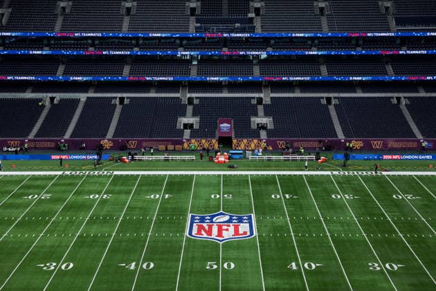 4th October 2026; Tottenham Hotspur Stadium, London, England; NFL, American Football Herren, USA International Series American Football, Washington Commanders versus Indianapolis Colts; A detail view of the NFL shield on the grass HenningxVonxJagow