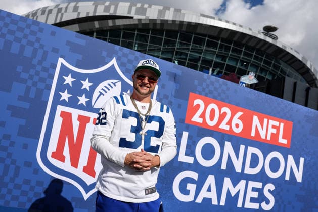 4th October 2026; Tottenham Hotspur Stadium, London, England; NFL, American Football Herren, USA International Series American Football, Washington Commanders versus Indianapolis Colts; a fan poses for a photo outside of the stadium HenningxVonxJagow