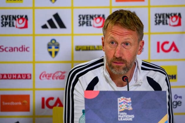 October 4, 2026: Head coach Graham Potter of the Swedish men’s national soccer team at a press conference on October 4, 2026 in Bucharest. Photo by Ludvig Thunman, BILDBYRAN, code LT LT0827: soccer, football, fotball, Nations League, UEFA Nations League, press conference, Sweden, Sweden A, bbeng, soccer, football, fotball, Nations League, UEFA Nations League, press conference press conference Sweden Sweden Sweden A BBENG Copyright: LUDVIGxTHUNMAN BB261004LT077