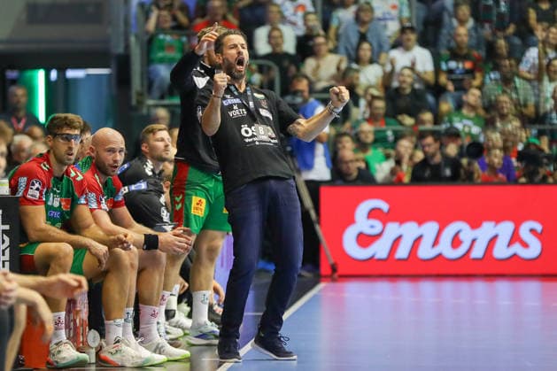 October 4, 2026, xgox, Handball Opel HBL SC Magdeburg vs. HC Erlangen emspor, from left: Bennet Wiegert (Magdeburg), coach celebrating, goal celebration, celebrating the goal, Magdeburg celebration