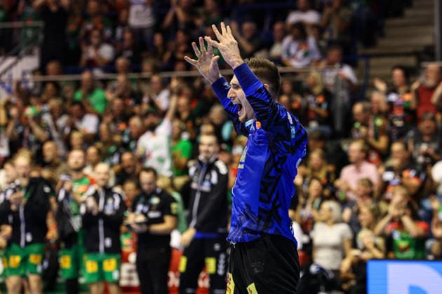 Goalkeeper Dominik Kuzmanovic, SC Magdeburg, 1st Handball Bundesliga, 2026–2027 season, SC Magdeburg vs. HC Erlangen at the GETEC Arena in Magdeburg; single frame, action, handball, Germany, October 4, 2026