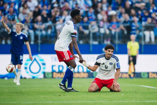 Friendly Match: Hamburger SV vs. FC Copenhagen, October 4, 2026; Albert Sambi Lokonga (Hamburger SV, No. 6) assists Martin Adeline (Hamburger SV, No. 5); Soccer; Friendly Match: Hamburger SV vs. FC Copenhagen on October 4, 2026, at the Volksparkstadion, Hamburg. DFL regulations prohibit any use of photographs as image sequences and or quasi-video. Copyright: xBEAUTIFULxSPORTS Tonhäuserx