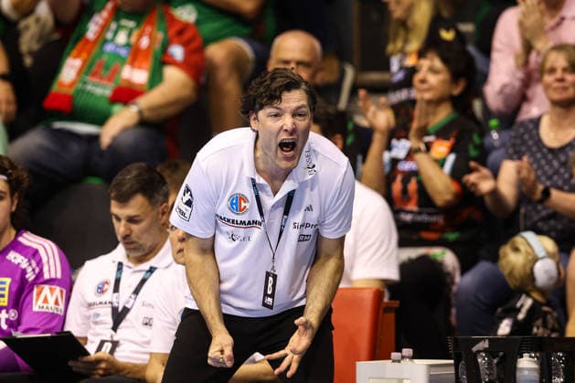 Coach Johannes Sellin, HC Erlangen, Handball Bundesliga, 2026–2027 season, SC Magdeburg vs. HC Erlangen at the GETEC Arena in Magdeburg, Handball, Germany, October 4, 2026