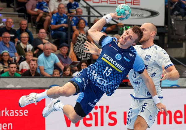 October 4, 2026, Germany, Stuttgart, Opel HBL, 2026–2027 Bundesliga, TVB Stuttgart vs. TBV Lemgo Lippe, from left: Simone Mengon (TVB), Christian O Sullivan (TBV)