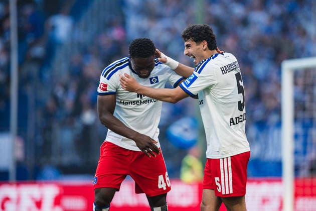 Friendly Match: Hamburger SV vs. FC Copenhagen, October 4, 2026: Goal, celebration by Kofi Amoako of Hamburger SV, 22–1, shown here with Martin Adeline of Hamburger SV, 5. Soccer, friendly match between Hamburger SV and FC Copenhagen on October 4, 2026, at the Volksparkstadion, Hamburg. DFL regulations prohibit any use of photographs as image sequences and or quasi-video. Copyright: xBEAUTIFULxSPORTS Tonhäuserx