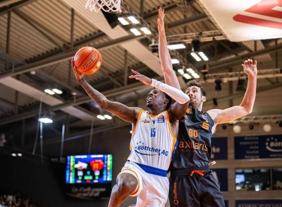 BASKETBALL EASYCREDIT BBL MATCHDAY 4 SCIENCE CITY JENA NINERS CHEMNITZ ** FOR EDITORIAL PURPOSES ONLY ** EDITORIAL USE ONLY ** p 04 10 2026 Jena Basketball easyCredit BBL 1 Basketball Bundesliga 2026–2027 Season, Matchday 4, Sparkassen Arena, Science City Jena NINERS vs. Chemnitz in the photo: Sacar Anim 15, Science City Jena in a one-on-one battle with Jannis von Seckendorff 90 NINERS Chemnitz Germany Thuringia Jena Copyright SaschaxFromm Copyright: SaschaxFromm doc87vvx7znnpk12l8ik1lsn ,EDITORIAL USE ONLY Copyright: SaschaxFromm
