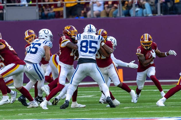 83 Jaylin Lane (WR) Washington Commanders run with the ball. Indianapolis Colts vs Washington Commanders, American Football, NFL, American Football Herren, USA Week 4, 2026, 04.10.2026 Tottenham Tottenham Hotspur Stadium Vereinigtes Königreich Copyright: xPFA ThomasxMummertx
