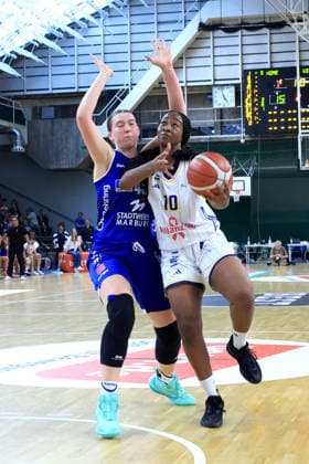 October 4, 2026, Germany, GER, DEU, Basketball, DBBL, 1st Bundesliga, Day 1, 2026–2027 Season, Berlin, ALBA Berlin vs. Marburg Fanta Gassama ALBA Berlin 10, Allyson Christensen BC Marburg 45 nordphoto GmbH Engler Berlin Soemmeringhalle Berlin Germany Copyright: xNordphotox xEnglerx