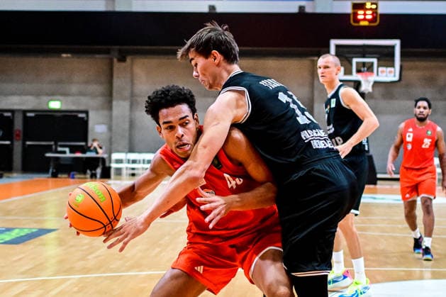 October 4, 2026, GER, Basketball, Men s, 2nd Division ProA, 2026–2027 Season, Matchday 3, OrangeAcademy vs. MHP Academics Heidelberg; Lucas Fischer (OrangeAcademy), 43; Joschka Ferner (Heidelberg), 15; Neu Ulm Orange Campus, Bavaria, Germany Copyright: xNordphotox xHafnerx
