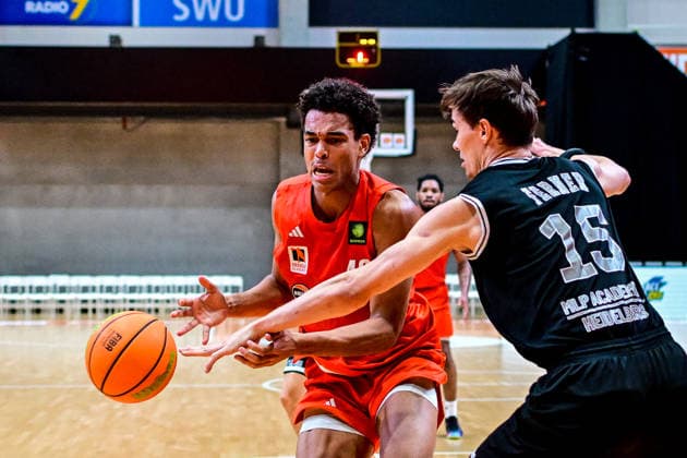 October 4, 2026, GER, Basketball, Men s, 2nd Division ProA, 2026–2027 Season, Matchday 3, OrangeAcademy vs. MHP Academics Heidelberg; Lucas Fischer (OrangeAcademy), 43; Joschka Ferner (Heidelberg), 15; Neu Ulm Orange Campus, Bavaria, Germany Copyright: xNordphotox xHafnerx