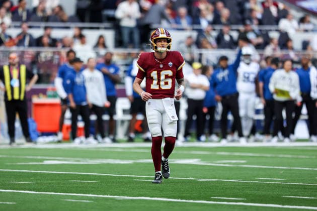 4th October 2026; Tottenham Hotspur Stadium, London, England; NFL, American Football Herren, USA International Series American football, Washington Commanders versus Indianapolis Colts; Washington Commanders quarterback Athan Kaliakmanis HenningxVonxJagow