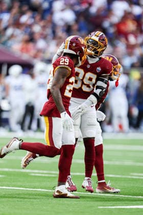 4th October 2026; Tottenham Hotspur Stadium, London, England; NFL, American Football Herren, USA International Series American football, Washington Commanders versus Indianapolis Colts; Washington Commanders defensive back Jeremy Reaves HenningxVonxJagow
