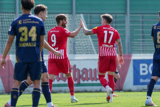 Lucas Höler (Lucas Hoeler), SC Freiburg, 09, and Lukas Kübler (Lukas Kuebler), SC Freiburg, 17—goal celebration, emotions, shot on goal, finish, goal scored, goal, hit, Germany, soccer, friendly match, SC Freiburg vs. FC Luzern, October 3, 2026, Europa-Park Stadium, Training Field, Freiburg, Freiburg, Europa-Park Stadium, Training Field, Baden-Württemberg, Germany Copyright: xArnexAmbergx