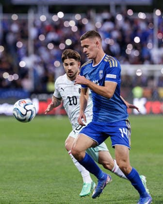 SOCCER - NL, KOS vs AUT PRISTINA,KOSOVO,04.OCT.26 - SOCCER - UEFA Nations League, OEFB international match, Länderspiel, Nationalmannschaft Kosovo vs Austria. Image shows Romano Schmid (AUT) and Baton Zabergja (KOS).  GEPAxpictures xArminxRauthner