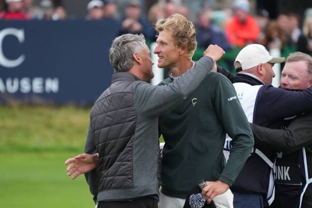 RECORD DATE NOT STATED 4th October 2026; Old Course at St Andrews, Mount Melville, Scotland; DP World Tour Golf, Alfred Dunhill Links Championship, Final Day; Adrian Meronk and Tom Chaplin embrace on the 18th hole, Adrian Meronk and Tom Chaplin win the team event AlecxBrown