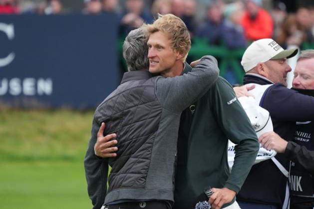 RECORD DATE NOT STATED 4th October 2026; Old Course at St Andrews, Mount Melville, Scotland; DP World Tour Golf, Alfred Dunhill Links Championship, Final Day; Adrian Meronk and Tom Chaplin embrace on the 18th hole, Adrian Meronk and Tom Chaplin win the team event AlecxBrown