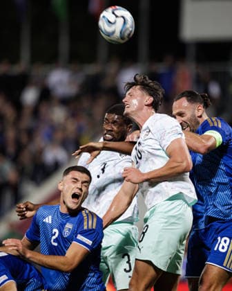 SOCCER - NL, KOS vs AUT PRISTINA,KOSOVO,04.OCT.26 - SOCCER - UEFA Nations League, OEFB international match, Länderspiel, Nationalmannschaft Kosovo vs Austria. Image shows Ron Raci (KOS), Kevin Danso, Felix Bacher and Vedat Muriqi (KOS).  GEPAxpictures xArminxRauthner