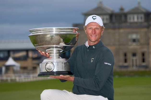 UK: The Alfred Dunhill Links Championship at The Old Course, St Andrews, Scotland on 04 October 2026: Pictured: Winner Adrian Meronic (POL) with the Alfred Dunhill Links Championship trophy 2026 St Andrews The Old Course Fife Scotland Copyright: xAlexxToddx