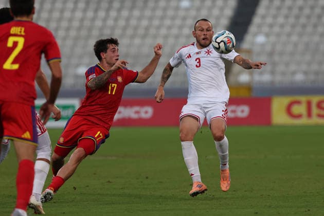 Ryan Camenzuli (right) of Malta is in action against Aron Rodrigo of Andorra during the UEFA Nations League, League D, Group D1 match between Malta and Andorra at the National Stadium, in Ta Qali, Malta, on 04 October, 2026. UEFA Nations League, League D, Group D1 Qualifying; UEFA Nations League;
