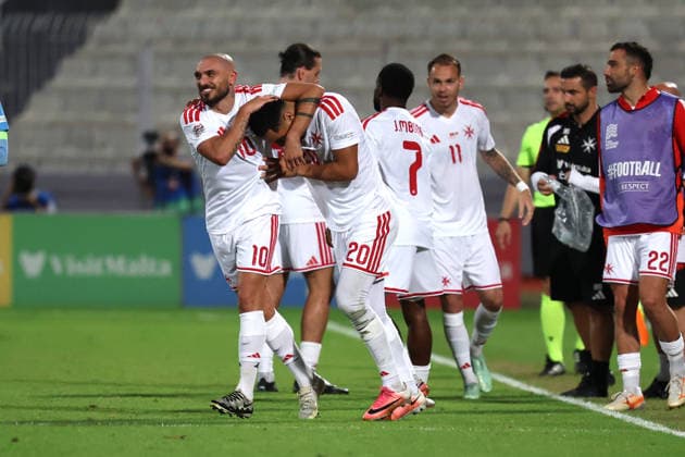 Teddy Teuma (left) of Malta celebrates scoring the 1-0 goal with team mate Ilyas Chouaref during the UEFA Nations League, League D, Group D1 match between Malta and Andorra at the National Stadium, in Ta Qali, Malta, on 04 October, 2026. UEFA Nations League, League D, Group D1 Qualifying; UEFA Nations League;