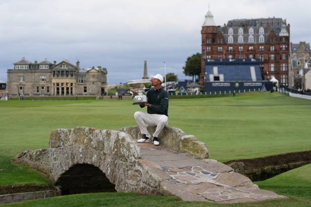 RECORD DATE NOT STATED 4th October 2026; Old Course at St Andrews, St Andrews, Scotland; DP World Tour Golf, Alfred Dunhill Links Championship, Final Day; Adrian Meronk kisses the Alfred Dunhill trophy on the Swilcan Bridge after winning the tournament and becoming champion golfer AlecxBrown