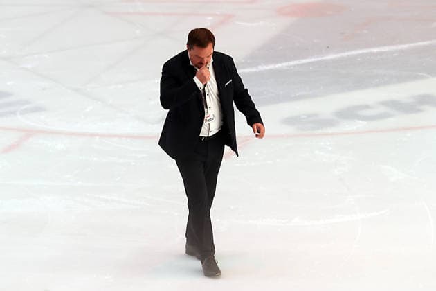 Sahnpark Crimmitschau, October 4, 2026; 2026–27 Season; Ice Hockey; 2nd Bundesliga; Regular Season; Game 6; Saxony Ice Arena; Saxony Derby; Eispiraten vs. Lausitzer Füchse; Eispiraten Managing Director Jörg Buschmann on the ice after the incident in Crimmitschau, Saxony, Germany