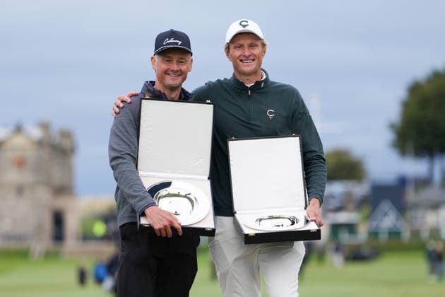 RECORD DATE NOT STATED 4th October 2026; Old Course at St Andrews, St Andrews, Scotland; DP World Tour Golf, Alfred Dunhill Links Championship, Final Day; Tom Chaplin and Adrian Meronk hold the team championship trophy on the Swilcan Bridge AlecxBrown
