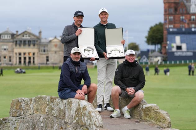 RECORD DATE NOT STATED 4th October 2026; Old Course at St Andrews, St Andrews, Scotland; DP World Tour Golf, Alfred Dunhill Links Championship, Final Day; Tom Chaplin, Adrian Meronk and their caddies hold the team championship trophy on the Swilcan Bridge AlecxBrown