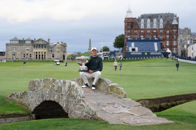 RECORD DATE NOT STATED 4th October 2026; Old Course at St Andrews, St Andrews, Scotland; DP World Tour Golf, Alfred Dunhill Links Championship, Final Day; Adrian Meronk holds the Alfred Dunhill trophy on the Swilcan Bridge after winning the tournament and becoming champion golfer AlecxBrown