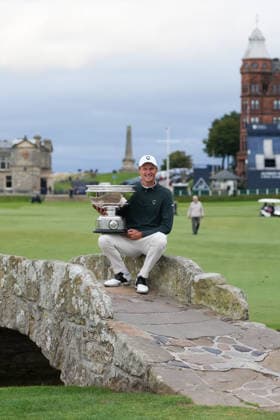 RECORD DATE NOT STATED 4th October 2026; Old Course at St Andrews, St Andrews, Scotland; DP World Tour Golf, Alfred Dunhill Links Championship, Final Day; Adrian Meronk holds the Alfred Dunhill trophy on the Swilcan Bridge after winning the tournament and becoming champion golfer AlecxBrown