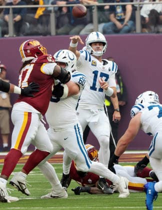 Indianapolis Colts Quarter Back Daniel Jones throws the football in their match against the Washington Commanders at Tottenham stadium in London on Sunday October 04, 2026. Colts beat the Commanders 30-13.  LON2026100403 HUGOxPHILPOTT