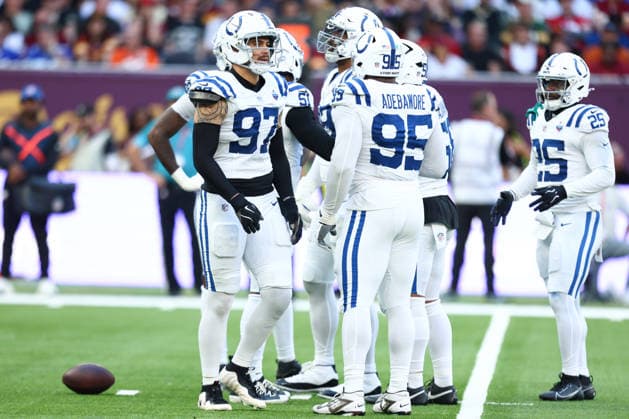 October 4, 2026, London, England, United Kingdom: Indianapolis Colts players of whom LAIATU LATU 97 in the NFL, American Football Herren, USA 2026 27 regular season game week 4 between INDIANAPOLIS COLTS and WASHINGTON COMMANDERS at the Tottenham Hotspur Stadium in London, United Kingdom. Colts won 30:13 against Commanders. NFL 2026: Colts 30:13 Commanders  - ZUMAc179 20261004_zep_c179_053 Copyright: xMickaelxChavetx