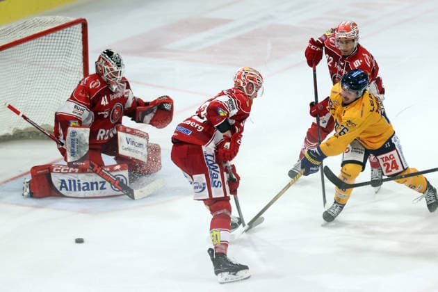Sahnpark Crimmitschau, October 4, 2026; 2026–27 Season; Ice Hockey; 2nd Bundesliga; Regular Season; Game 6; Saxony Ice Arena; Saxony Derby; Eispiraten vs. Lausitzer Füchse; Christopher Theodore (Füchse, in yellow) breaks away; Tim Lutz (EPC) follows behind and Stanislav Dietz (EPC) in the middle can’t stop it; Kevin Reich (EPC), the goalie, makes the save; Crimmitschau, Saxony, Germany
