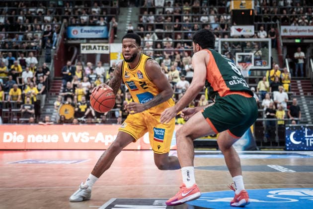 David Joplin, MHP RIESEN Ludwigsburg, 02 vs. Behnam Yakhchali Dehkordi, VET CONCEPT Gladiators Trier, 08 GER, MHP Riesen Ludwigsburg vs. VET CONCEPT Gladiators Trier, Basketball Bundesliga, easycredit BBL, Matchday 4, 2026–2027 season, October 4, 2026, Germany, MHP Riesen Ludwigsburg vs. VET CONCEPT Gladiators Trier, Basketball Bundesliga, easycredit BBL, Matchday 4, 2026–2027 season, October 4, 2026, Ludwigsburg Copyright: xSandyxDinkelackerx EP_SDR