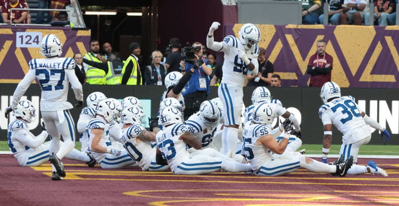 Indianapolis Colts celebrate an interception in their match against the Washington Commanders at Tottenham stadium in London on Sunday October 04, 2026. Colts beat the Commanders 30-13.  LON2026100436 HUGOxPHILPOTT