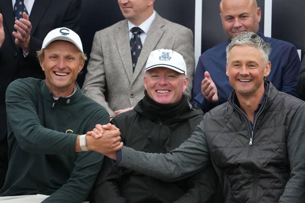 RECORD DATE NOT STATED 4th October 2026; Old Course at St Andrews, St Andrews, Scotland; DP World Tour Golf, Alfred Dunhill Links Championship, Final Day; Tom Chaplin and Adrian Meronk shake hands as they are announced as winners of the team event AlecxBrown