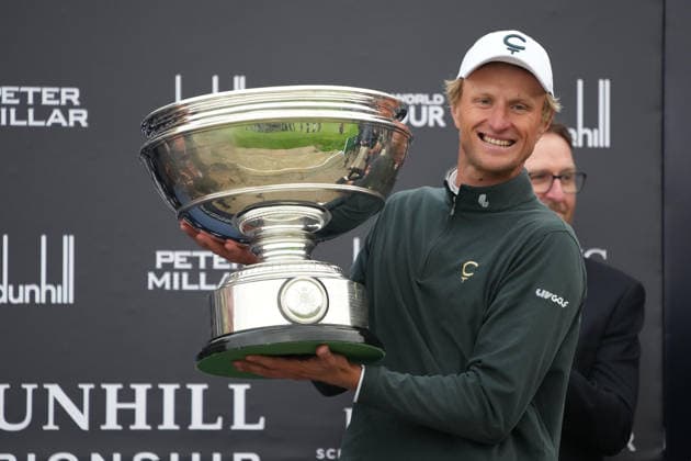 RECORD DATE NOT STATED 4th October 2026; Old Course at St Andrews, St Andrews, Scotland; DP World Tour Golf, Alfred Dunhill Links Championship, Final Day; Adrian Meronk lifts the Alfred Dunhill trophy after winning the tournament AlecxBrown