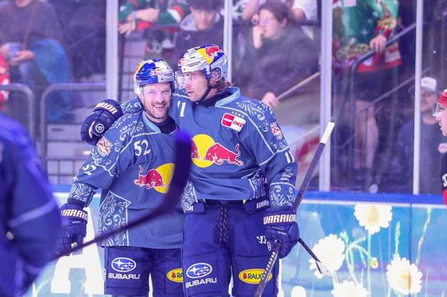 Goal celebration by Patrick Hager (52, EHC Red Bull Munich) and Markus Eisenschmid (11, EHC Red Bull Munich) on the 2-1 play; EHC Red Bull Munich vs. Augsburger Panther, Matchday 6, Ice Hockey, Penny DEL, October 3, 2026, Munich, Bavaria, Germany Copyright: xkolbert-press ChristianxKolbertx