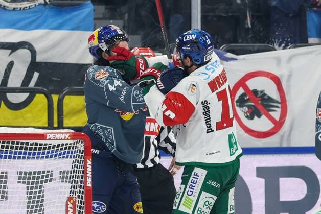 Fight between Revor Carrick (44, EHC Red Bull Munich) and Cameron Wright (16, Augsburger Panther); EHC Red Bull Munich vs. Augsburger Panther, Matchday 6, Ice Hockey, Penny DEL, October 3, 2026, Munich, Bavaria, Germany Copyright: xkolbert-press ChristianxKolbertx