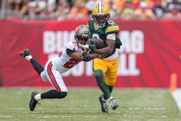 Oct 4, 2026; Tampa, FL, USA; Green Bay Packers wide receiver Matthew Golden (0) runs after catching a pass during the NFL, American Football Herren, USA game between the Green Bay Packers and Tampa Bay Buccaneers at Raymond James Stadium. Mandatory Credit: Taylor McFee-Cal Media NFL 2026: Packers Vs Buccaneers OCT 04  - ZUMAc04_ 20261004_zma_c04_032 Copyright: xTaylorxMcfeex