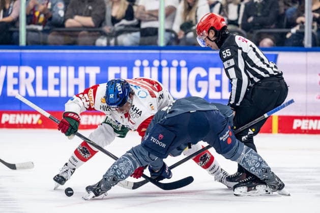 Linesman Marcus Hoefer officiates a faceoff between Enrico Henriquez of the Augsburger Panther, 52, and Patrick Hager of EHC Red Bull Munich, 52 (GER), EHC Red Bull Munich vs. Augsburger Panther, DEL, 2026–2027 season, Matchday 6, October 4, 2026. Photo: HMB Media, Heike Feiner Copyright: HMBxMedia HeikexFeiner